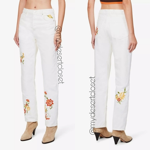 Reformation Cynthia High Rise Straight Jeans White Flora Embroidery NWT - Picture 2 of 14
